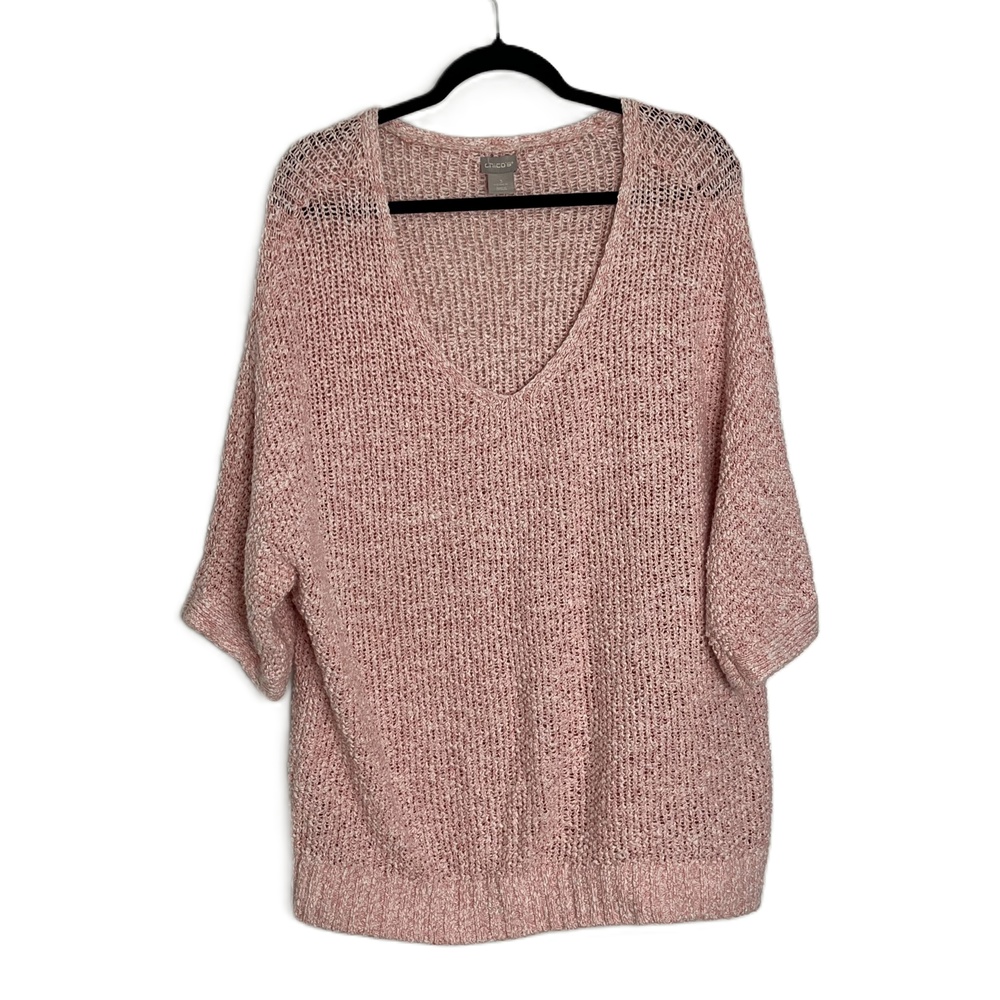 Chico's Pink Linen‎ Loose Knit V-Neck Short Sleeve Blouse Size XL